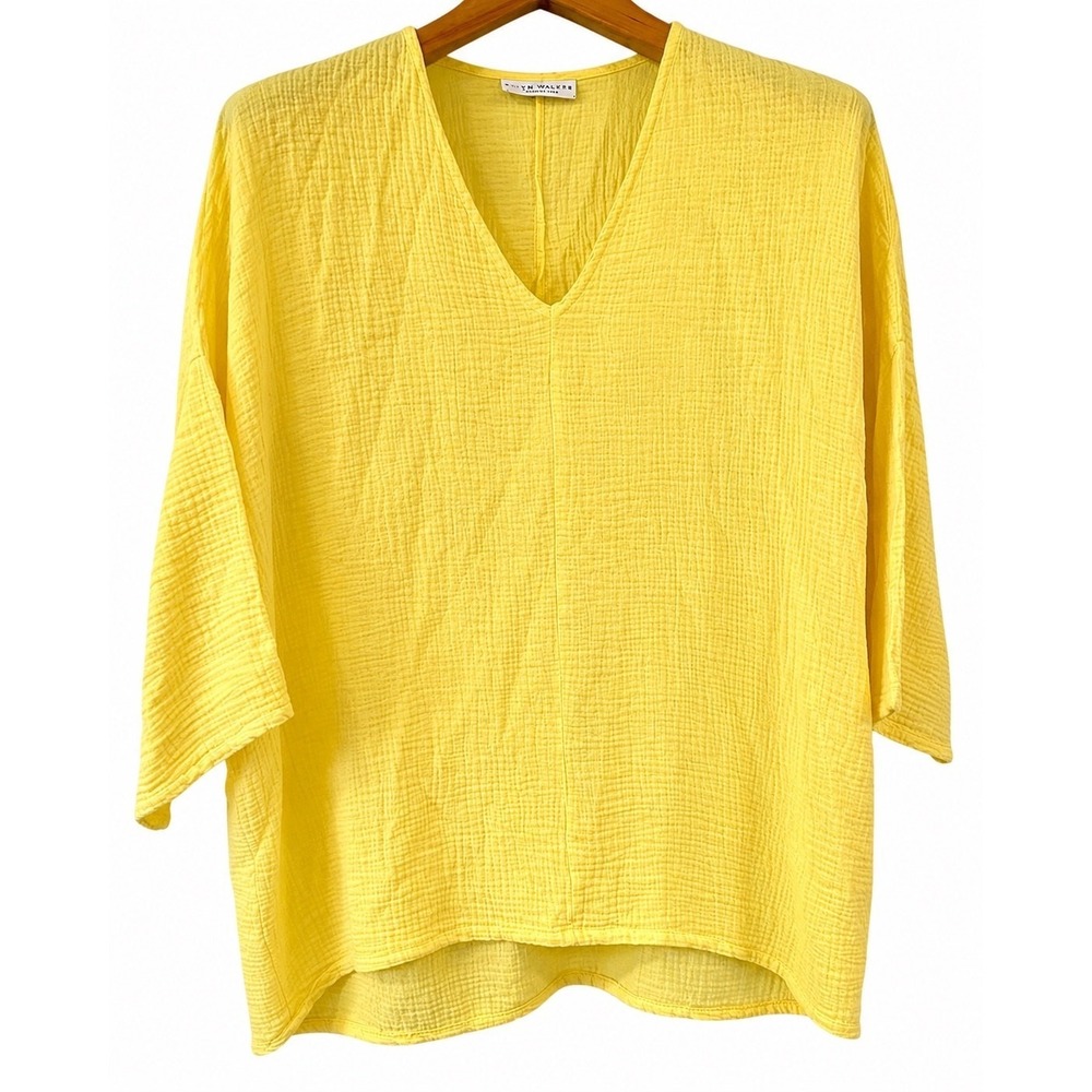 Bryn Walker Yellow Crinkled Gauze V-Neck Oversized Blouse Top Wide Sleeve Large
